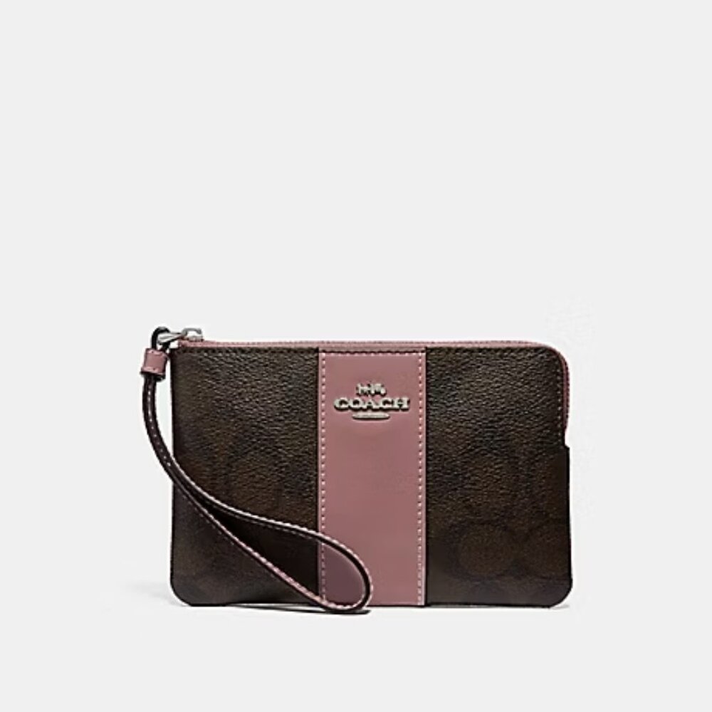 COACH CORNER ZIP WRISTLET IN SIGNATURE CANVAS (F34650) - BROWN/DUSTY ROSE  New